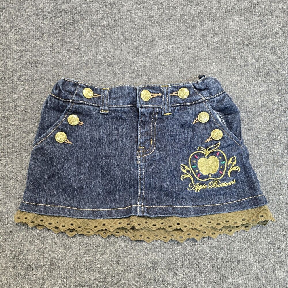 Vintage Apple Bottoms Y2K Denim Lined Mini Skirt Girls Sz 3T Lace Trim Grunge